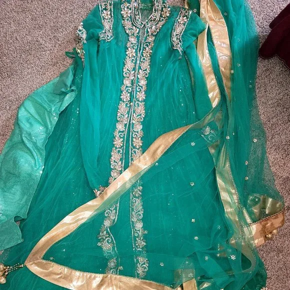 sea green wedding dress pakistani Shop Sea Green Organza Silk Flower Printed Lehenga Choli main image 1